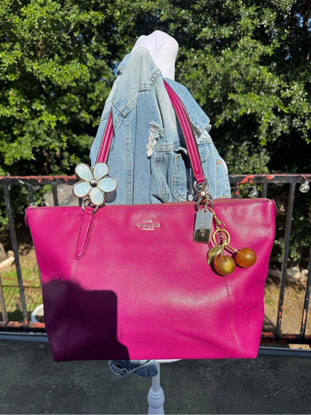 Coach Fuchsia Leather Tote with Cherry & Floral Charms